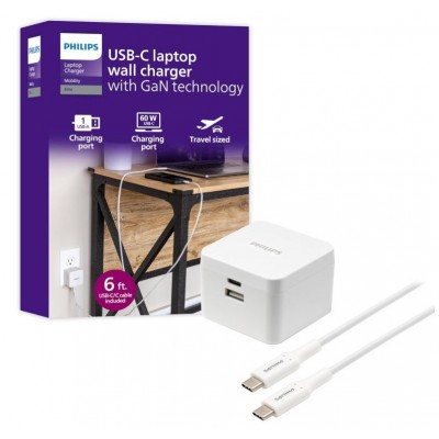 Philips Dual Port 67.5W USB-C & USB-A wall charging Kit, w/GaN Charging, USB-C 60W + USB-A 7.5W w/ 6' C Braided Cable