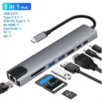 USB 3.1 Type C 8 In 1 Hub With HDMI, Lan, Card Reader, USB and Type C Port
