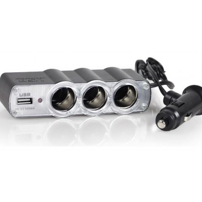 In-Car Triple Socket & USB Adapter with Switch