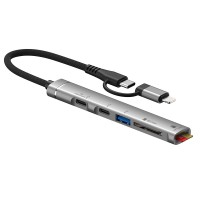 (2in1), Type C + 8Pin 019E  5 In 1 Hub With Card Reader, USB and 2 X Type C Port
