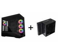 Lian-Li V100 TG 4x 120mm ARGB PWM Fan ATX Case (Black) + Lian-Li EG1000 1000W 80+Platinum Full-Modular PCIe5.1 ATX3.1 Power Supply (Black)