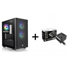 Thermaltake Versa H16 TG 3xARGB FAN(BLACK) M-ATX Case CA-1Y8-00S1WN-02 + Thermaltake 600W 80+White Smart Non-Modular ATX Power Supply, New
