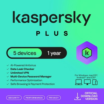 Kaspersky Plus 5-Device - 1 year with unlimited VPN retail box, PC/Mac/Android, English/French (Bilingual) Kaspersky Plus 5-Device - 1 year with unlimited VPN retail box, PC/Mac/Android, English/French (Bilingual)