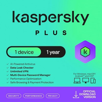 Kaspersky Plus 1-Device 1-Year with Unlimited VPN BIL PC/Mac/Android, English/French (Bilingual) Kaspersky Plus 1-Device 1-Year with Unlimited VPN BIL PC/Mac/Android, English/French (Bilingual)